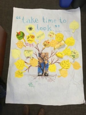 One activity in which leadership participated in was this tree mural in which each member of the leadership team, responding to a prompt, contributed a leaf to the tree. Photo courtesy of Dr. Erin Partridge.