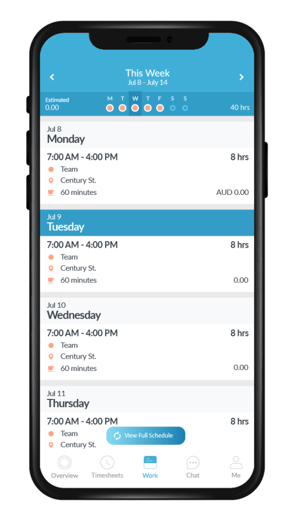 An employee schedule on the Workforce app
