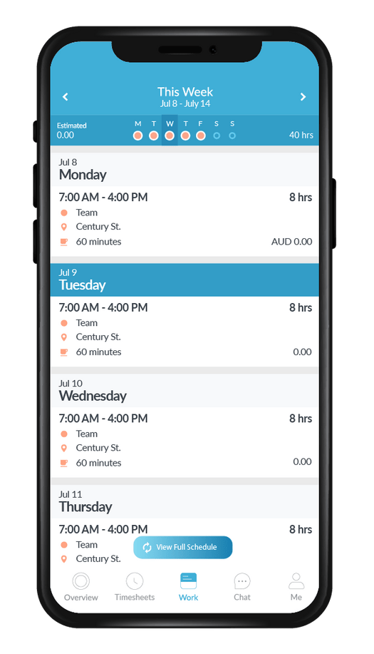 An employee schedule on the Workforce app