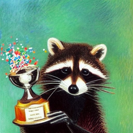 raccoon holding a trophy