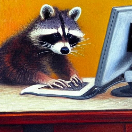 raccoon sitting at computer