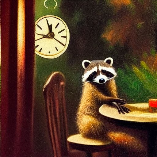raccoon sitting at a table next to a clock