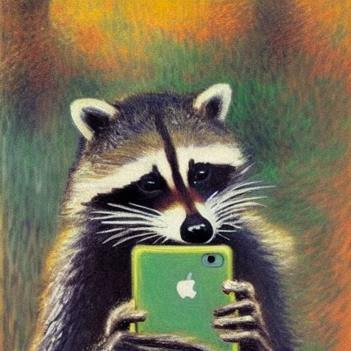 raccoon holding an iphone