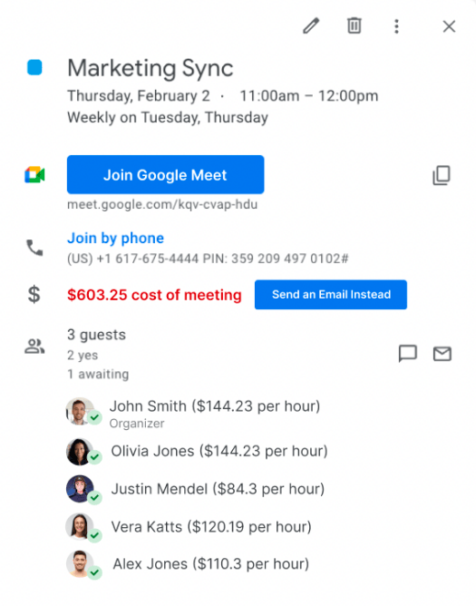 ckup image of a Google Meet invite depicting the financial cost of having it