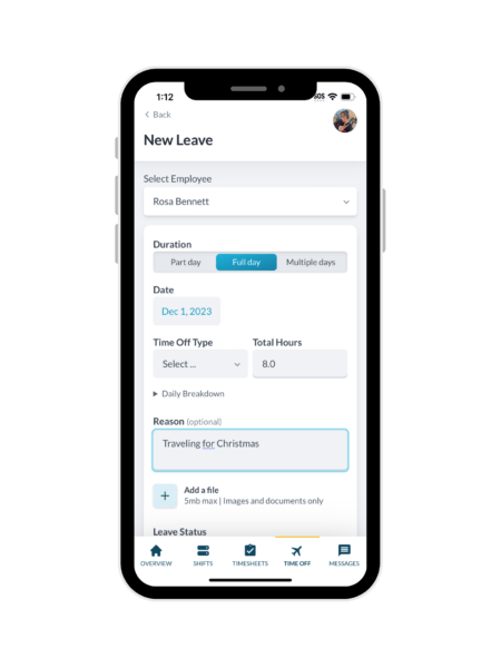 Requesting time off on the Workforce.com app