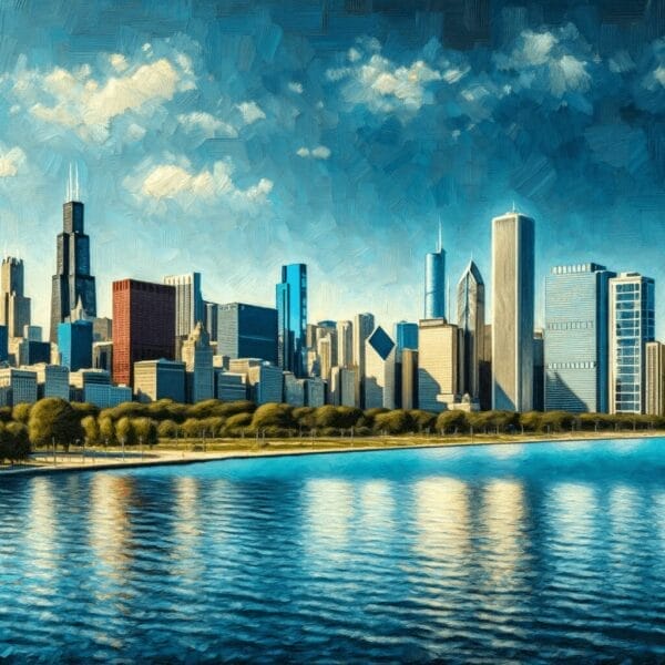 oil painting of chicago's skyline